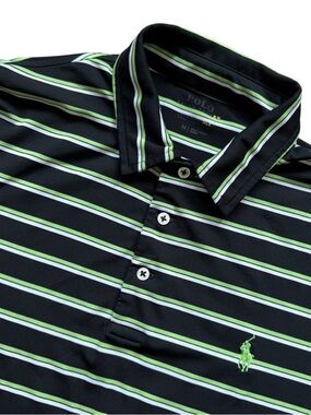 Polo Ralph Lauren Performance Polo Shirt Men M Black Green Striped Stretch Golf